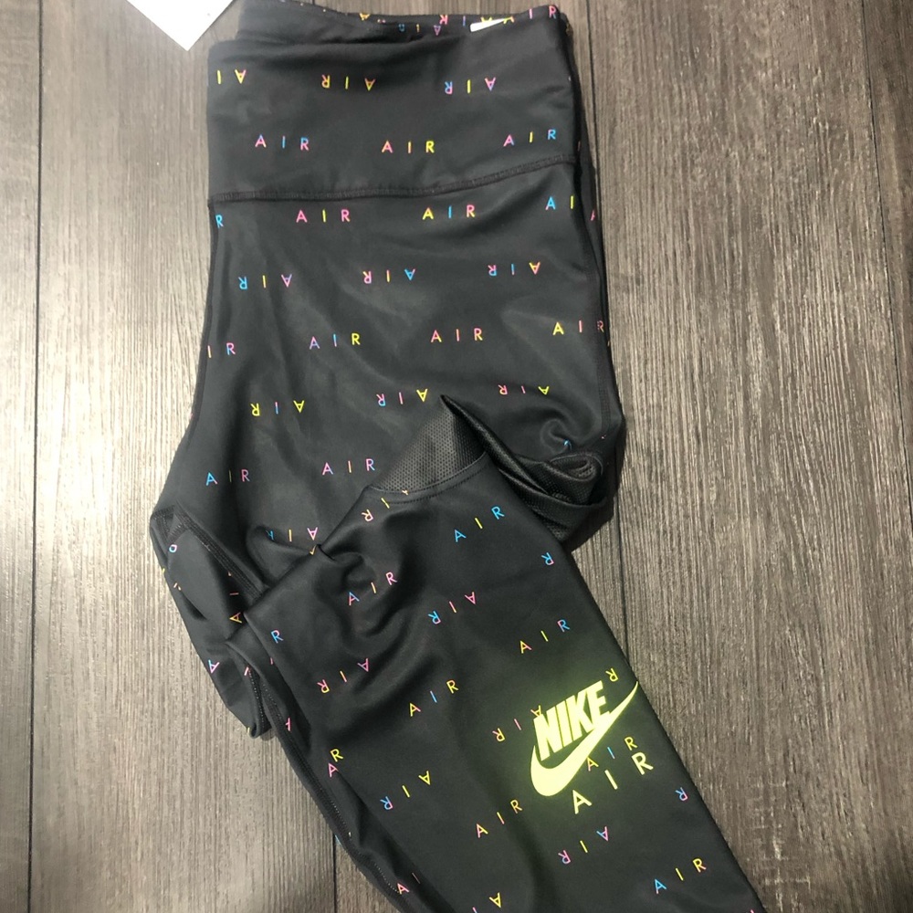Nike Black Leggings with Multicolor AIR Print and Neon Yellow Nike Swoosh